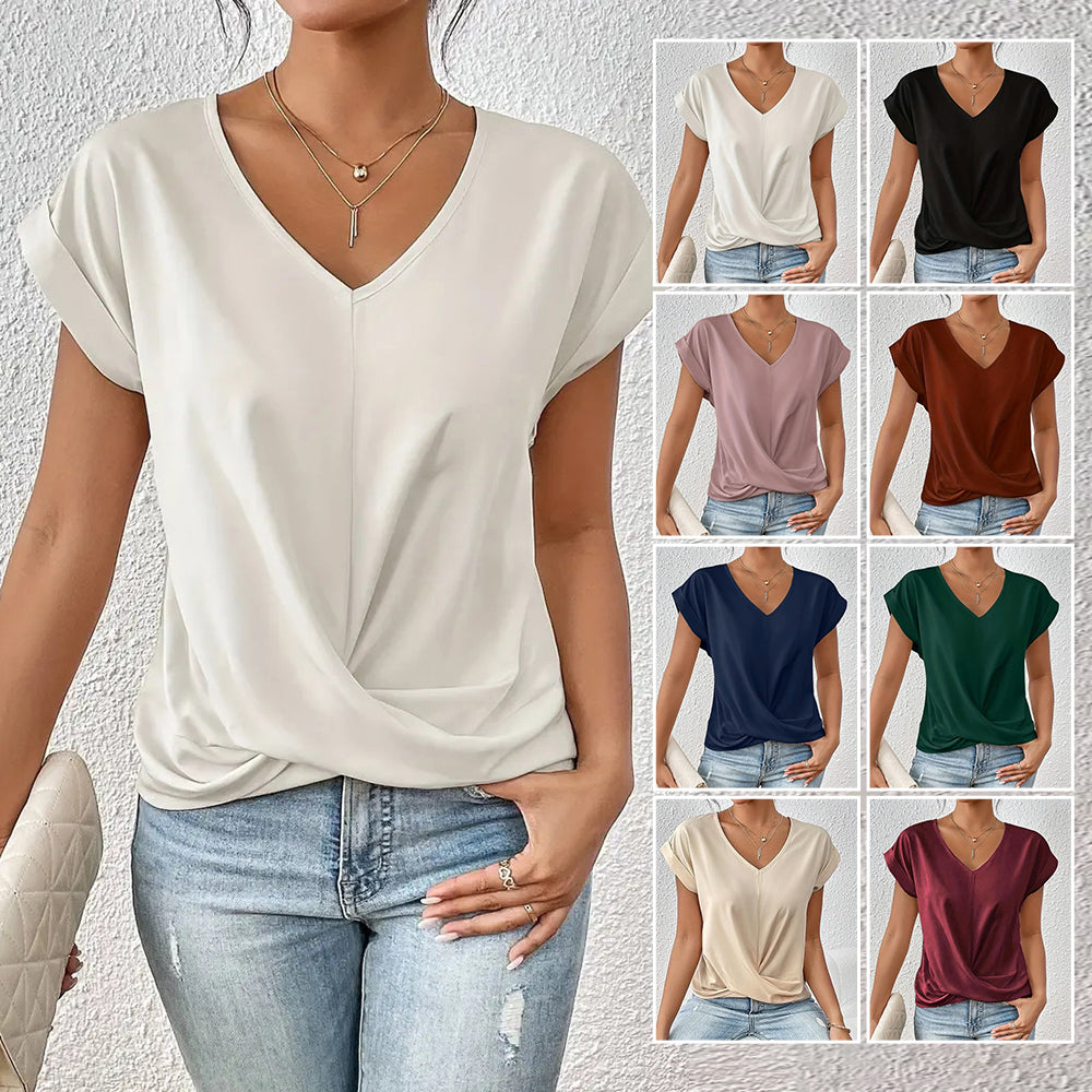 Valenzora | Elegantes, einfarbiges T-Shirt mit V-Ausschnitt und gedrehtem Saum für Damen