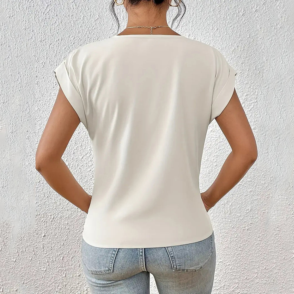 Valenzora | Elegantes, einfarbiges T-Shirt mit V-Ausschnitt und gedrehtem Saum für Damen