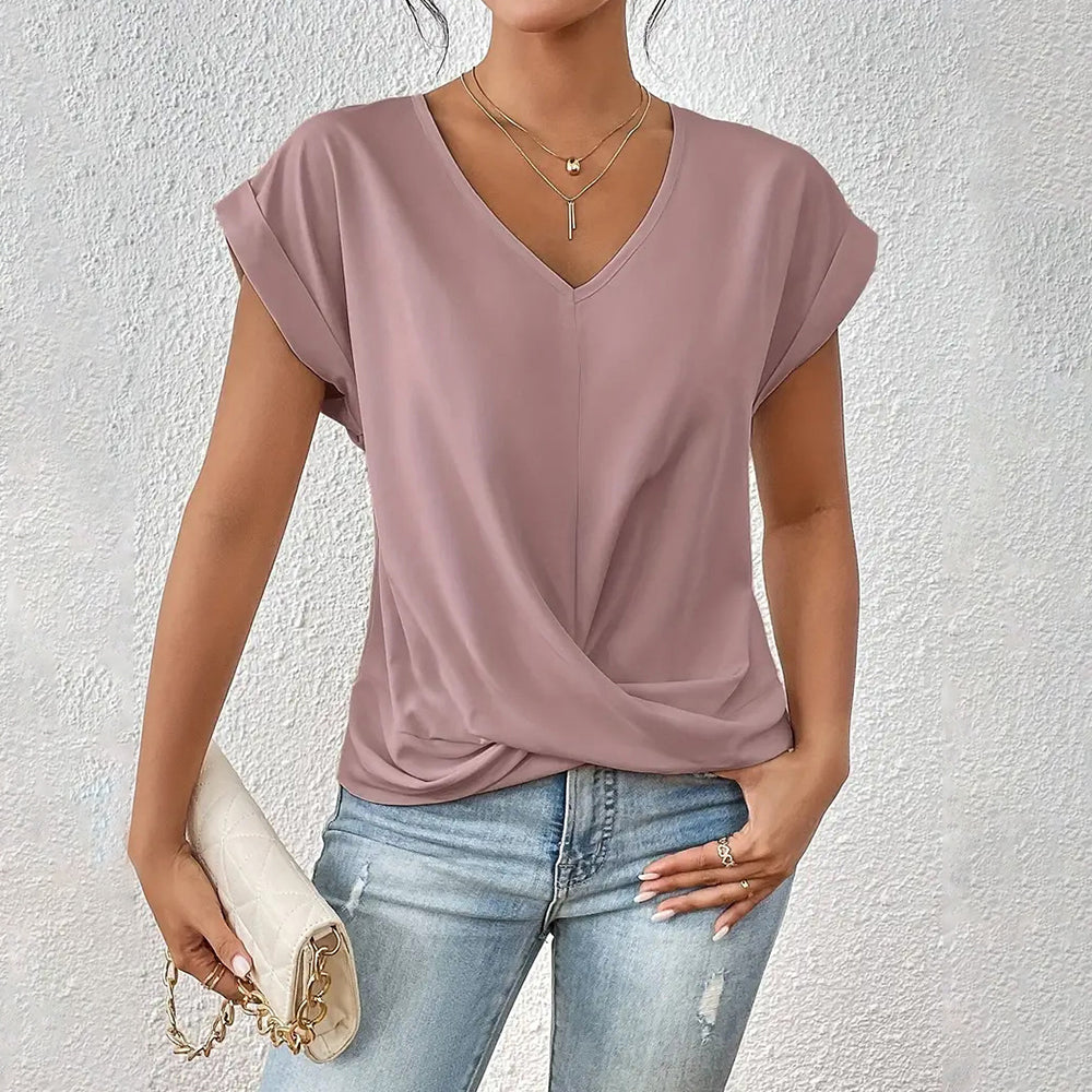 Valenzora | Elegantes, einfarbiges T-Shirt mit V-Ausschnitt und gedrehtem Saum für Damen