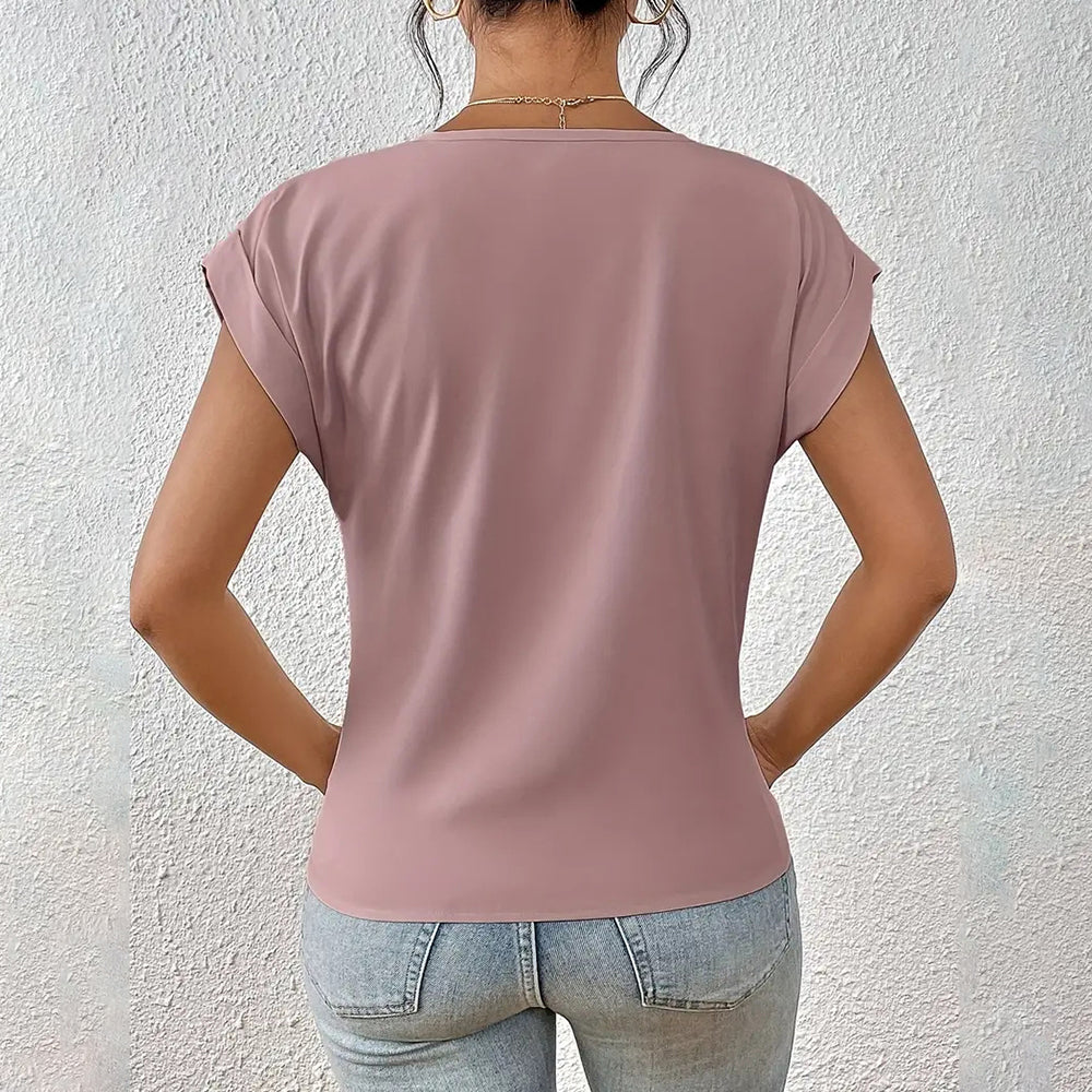 Valenzora | Elegantes, einfarbiges T-Shirt mit V-Ausschnitt und gedrehtem Saum für Damen