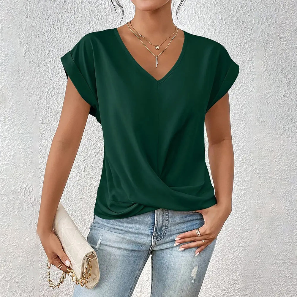Valenzora | Elegantes, einfarbiges T-Shirt mit V-Ausschnitt und gedrehtem Saum für Damen
