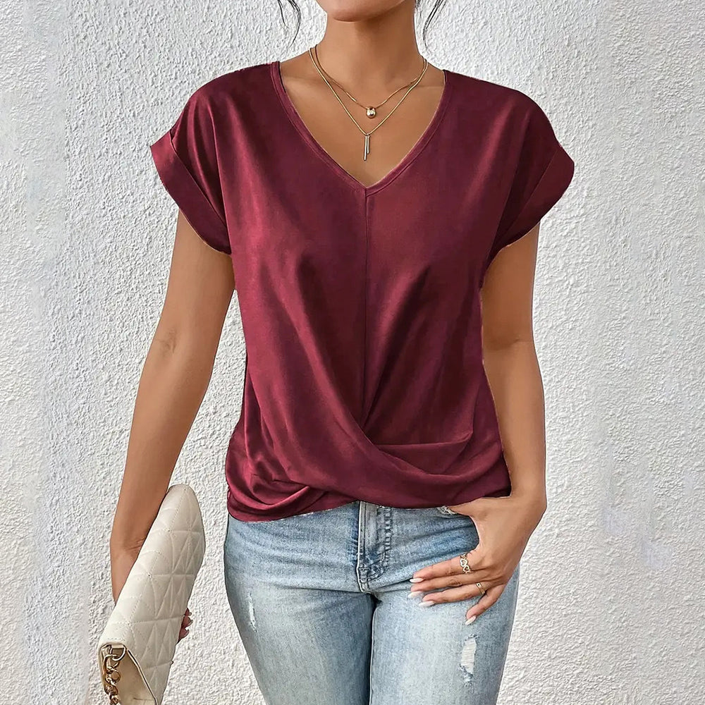 Valenzora | Elegantes, einfarbiges T-Shirt mit V-Ausschnitt und gedrehtem Saum für Damen