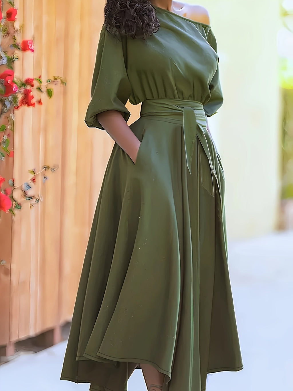 Valenzora | Carmen-Midikleid mit Gürtel und asymmetrischem Saum
