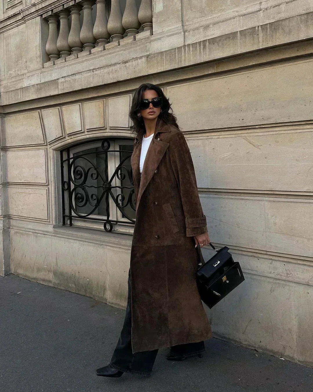 Valenzora | Brown Suedette Double-Breasted Coat Women's Coats