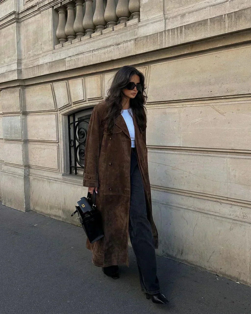 Valenzora | Brown Suedette Double-Breasted Coat Women's Coats