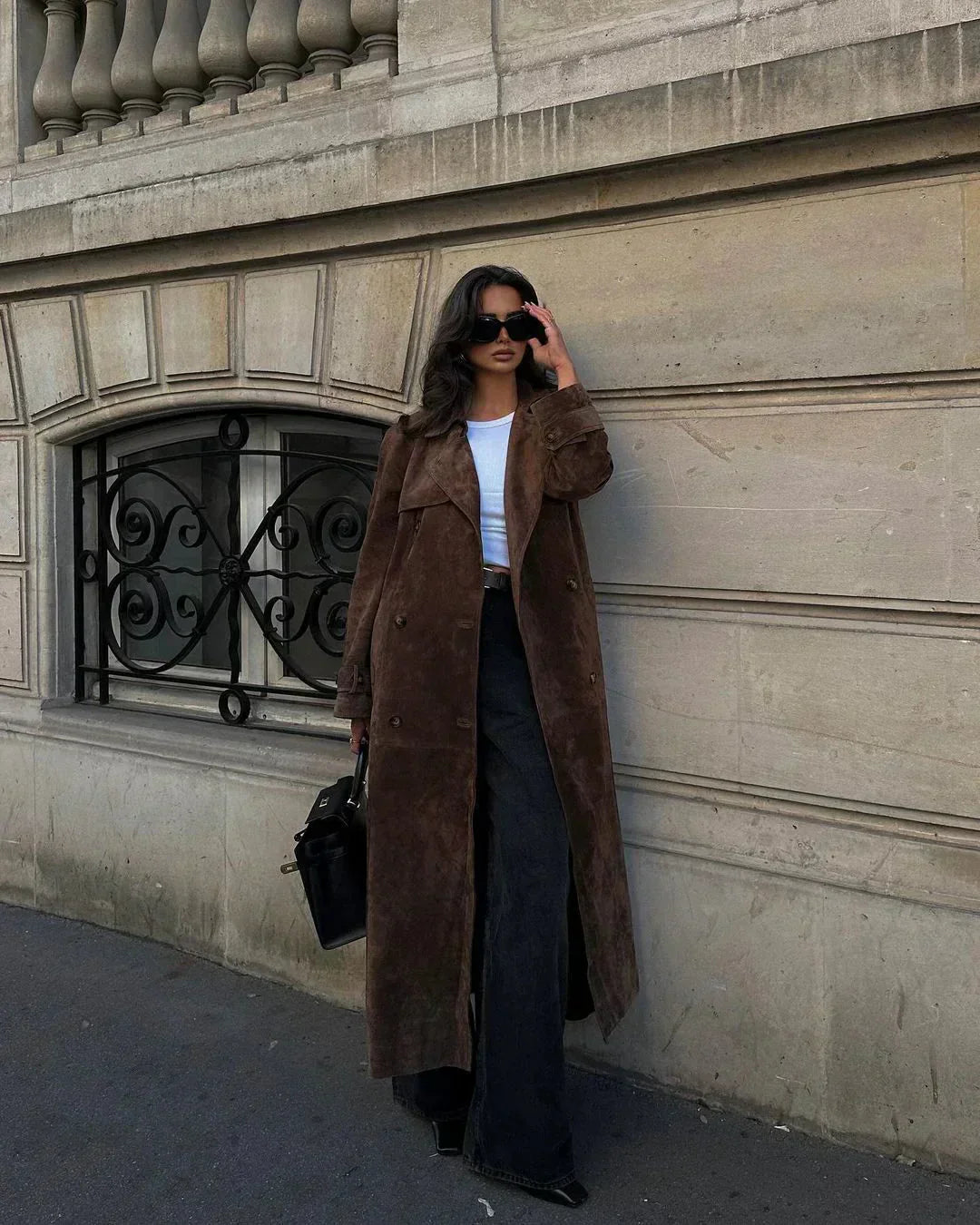 Valenzora | Brown Suedette Double-Breasted Coat Women's Coats