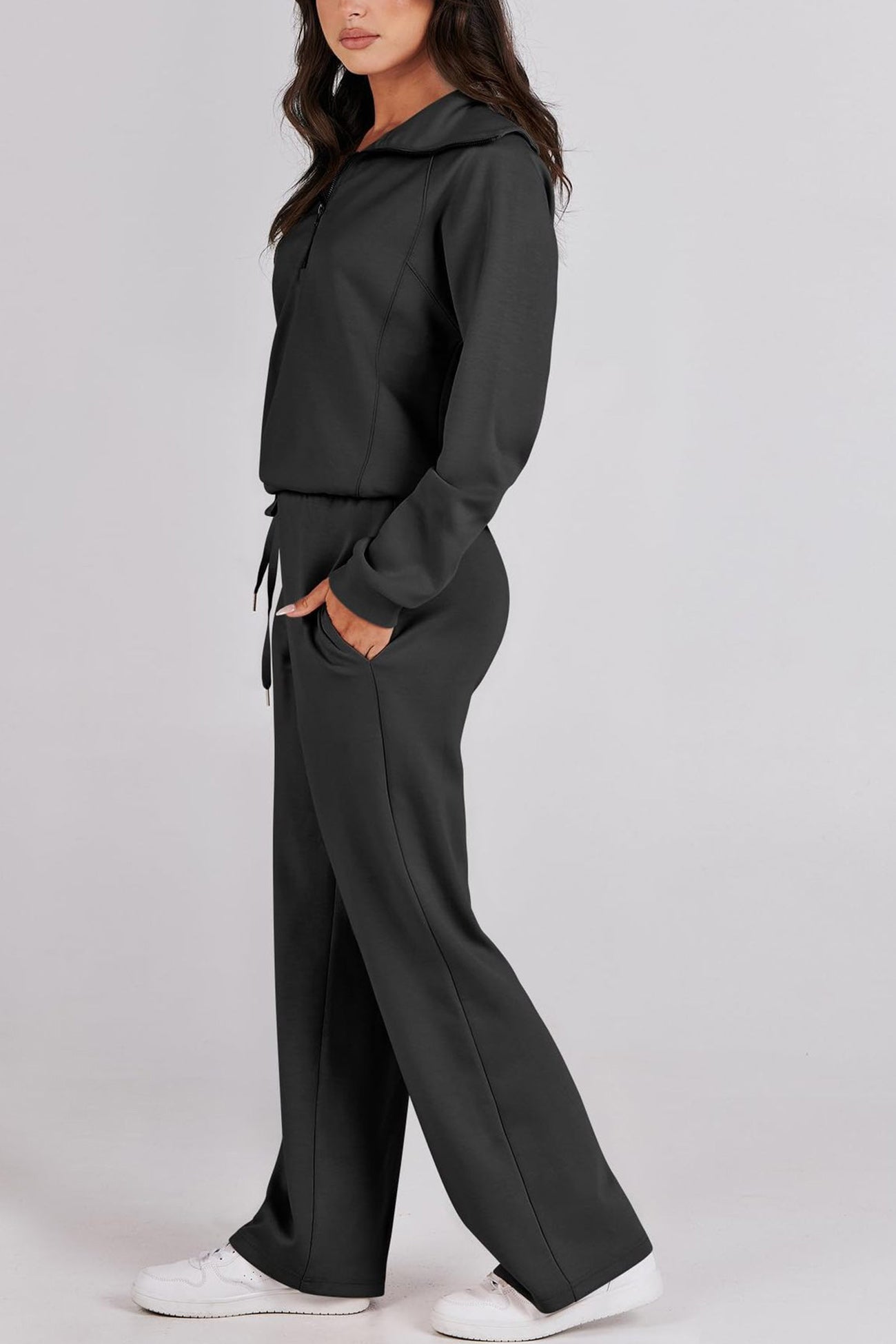 Valenzora | Long wide-leg trouser set with lapel zip-up sweatshirt