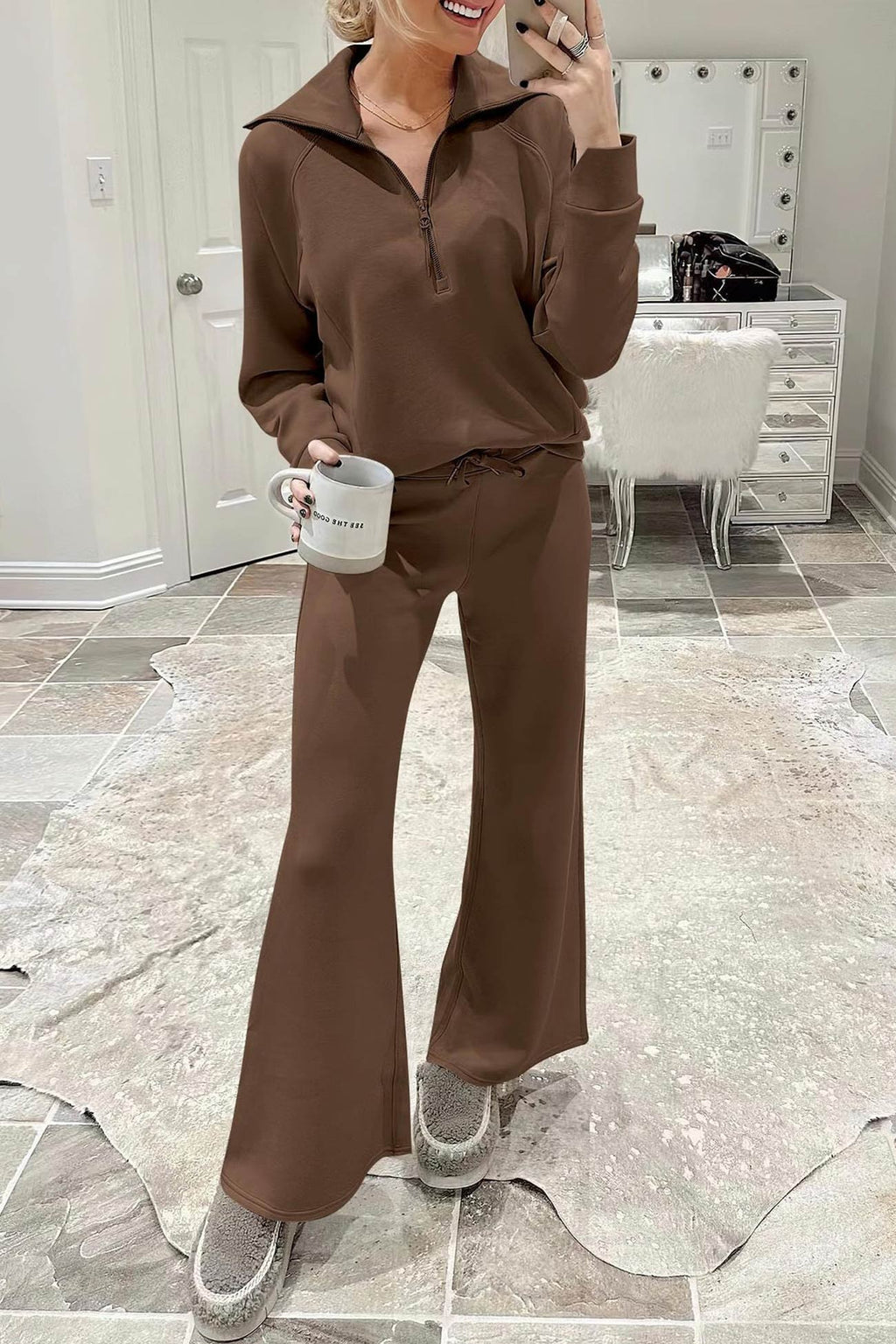 Valenzora | Long wide-leg trouser set with lapel zip-up sweatshirt