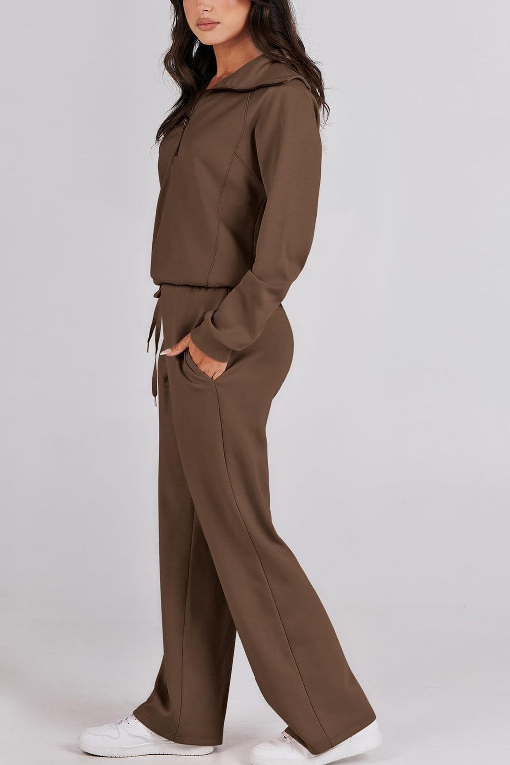Valenzora | Long wide-leg trouser set with lapel zip-up sweatshirt