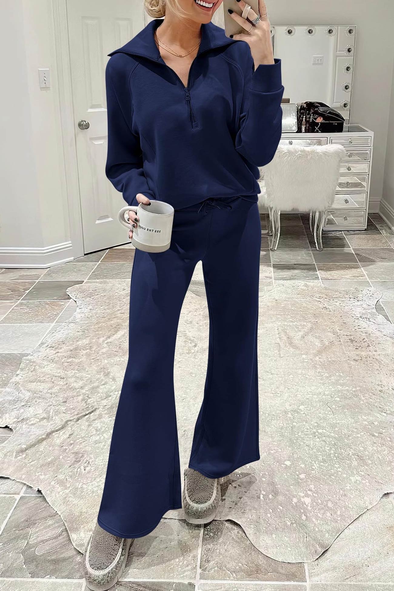 Valenzora | Long wide-leg trouser set with lapel zip-up sweatshirt