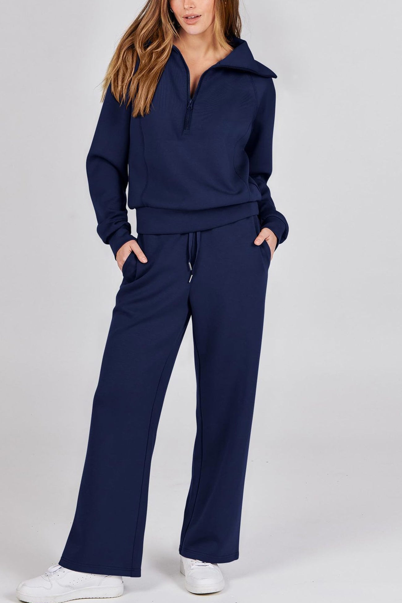 Valenzora | Long wide-leg trouser set with lapel zip-up sweatshirt
