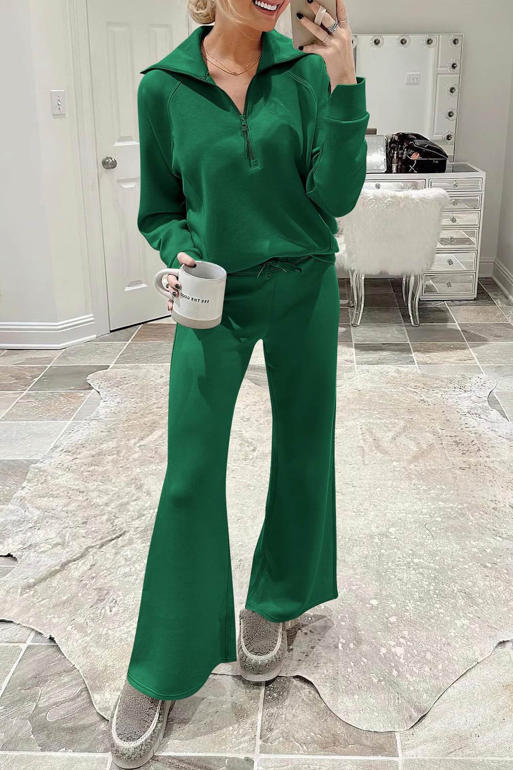 Valenzora | Long wide-leg trouser set with lapel zip-up sweatshirt