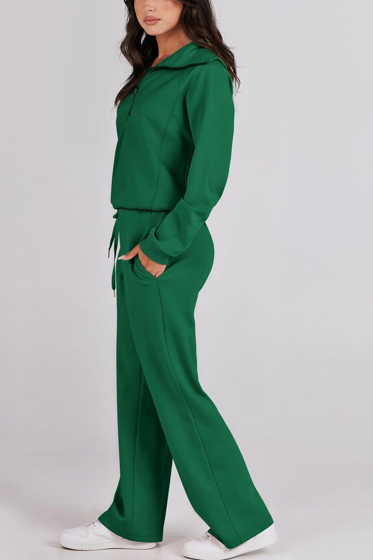 Valenzora | Long wide-leg trouser set with lapel zip-up sweatshirt