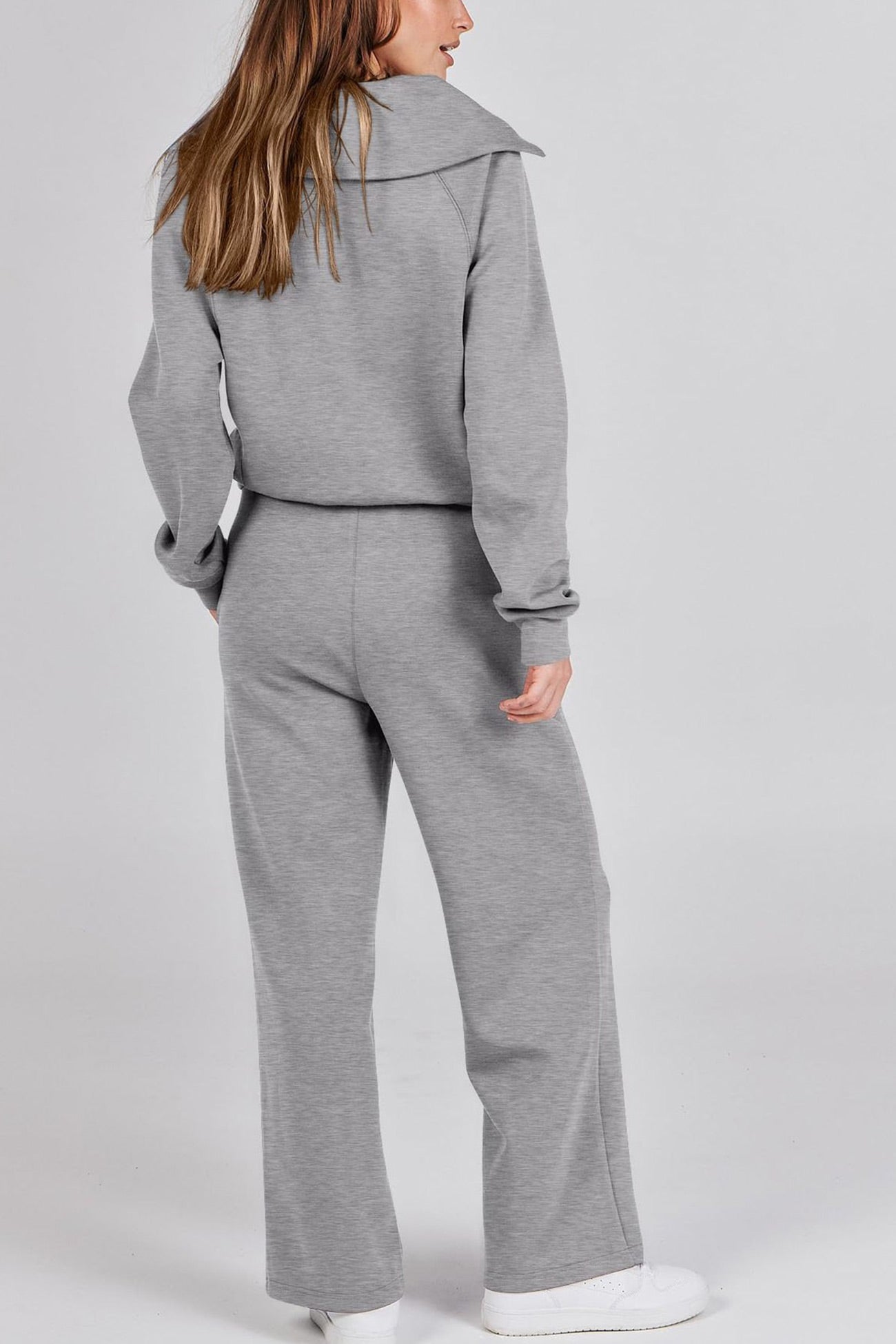 Valenzora | Long wide-leg trouser set with lapel zip-up sweatshirt
