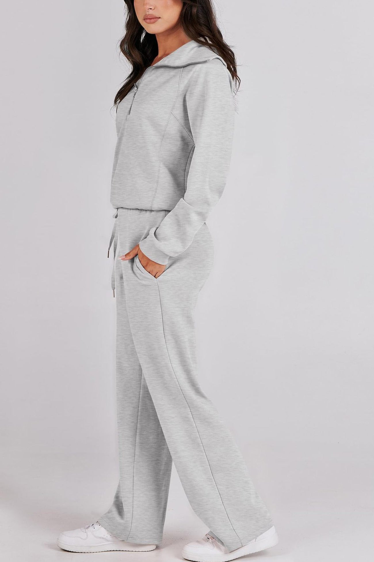Valenzora | Long wide-leg trouser set with lapel zip-up sweatshirt