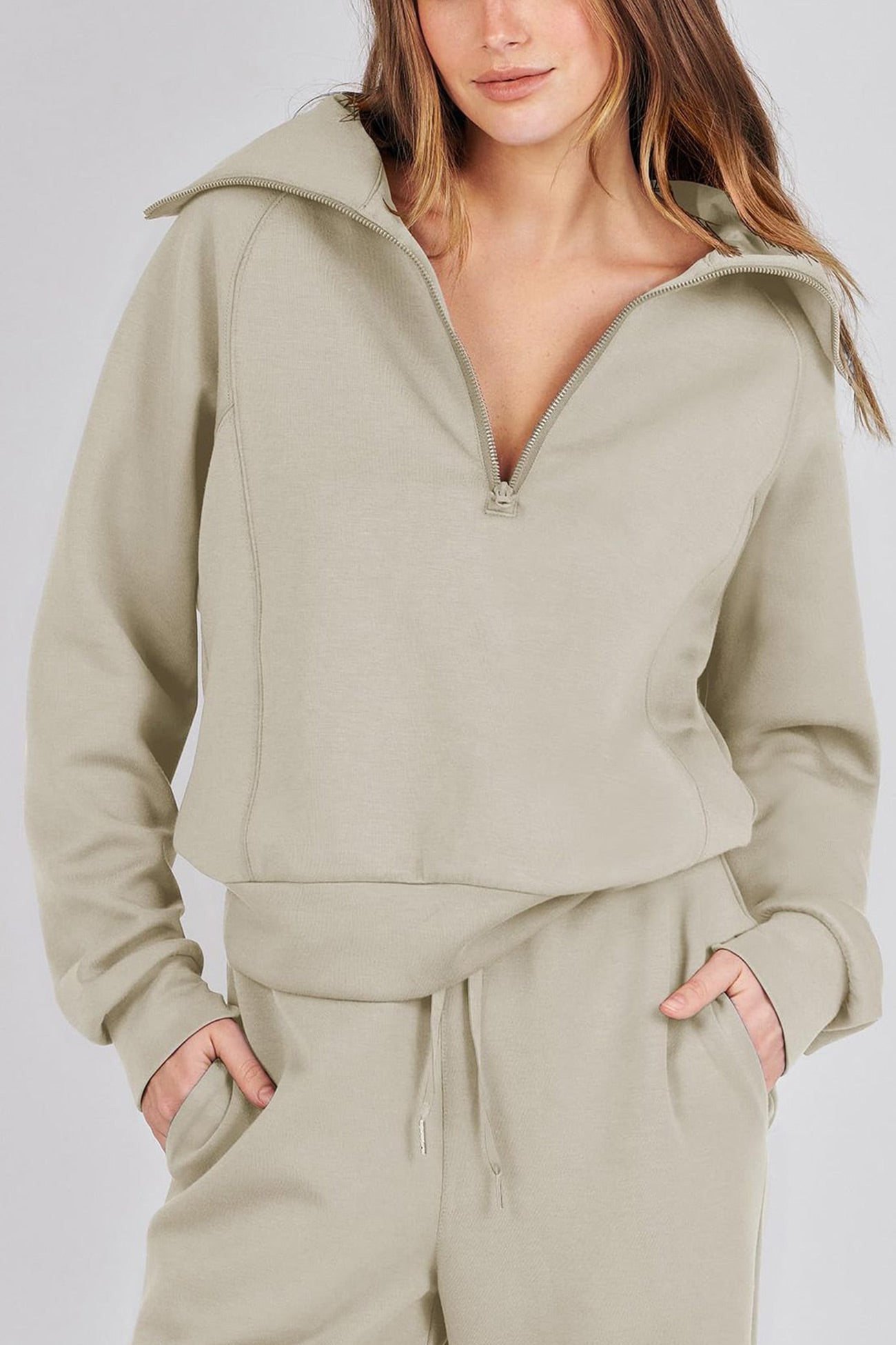 Valenzora | Long wide-leg trouser set with lapel zip-up sweatshirt