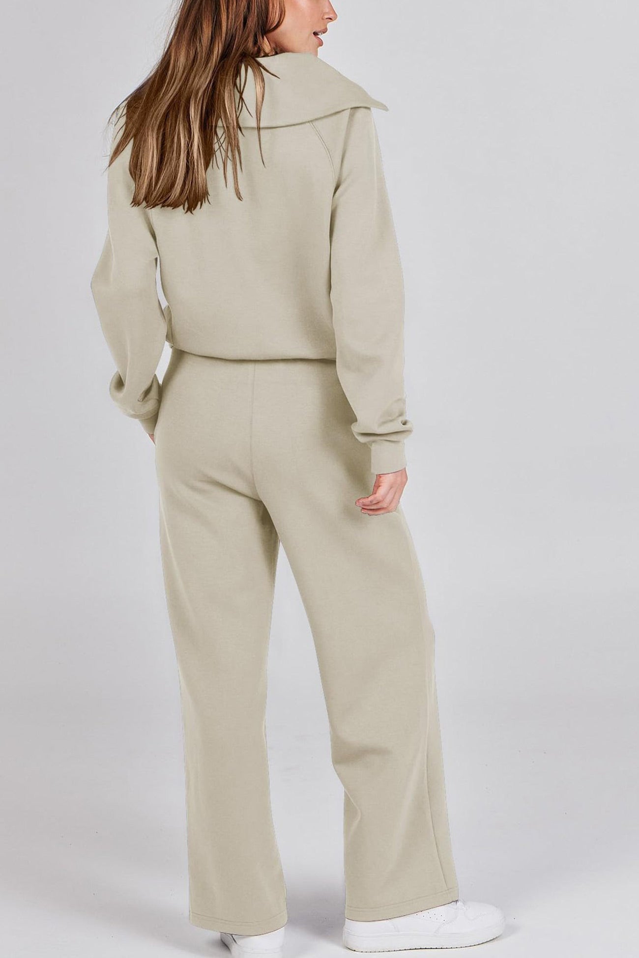 Valenzora | Long wide-leg trouser set with lapel zip-up sweatshirt