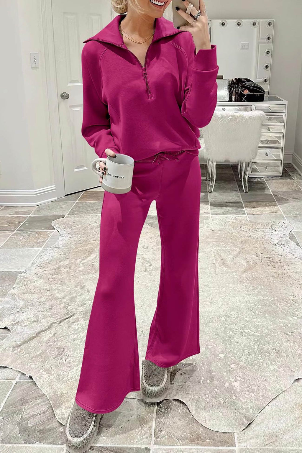 Valenzora | Long wide-leg trouser set with lapel zip-up sweatshirt