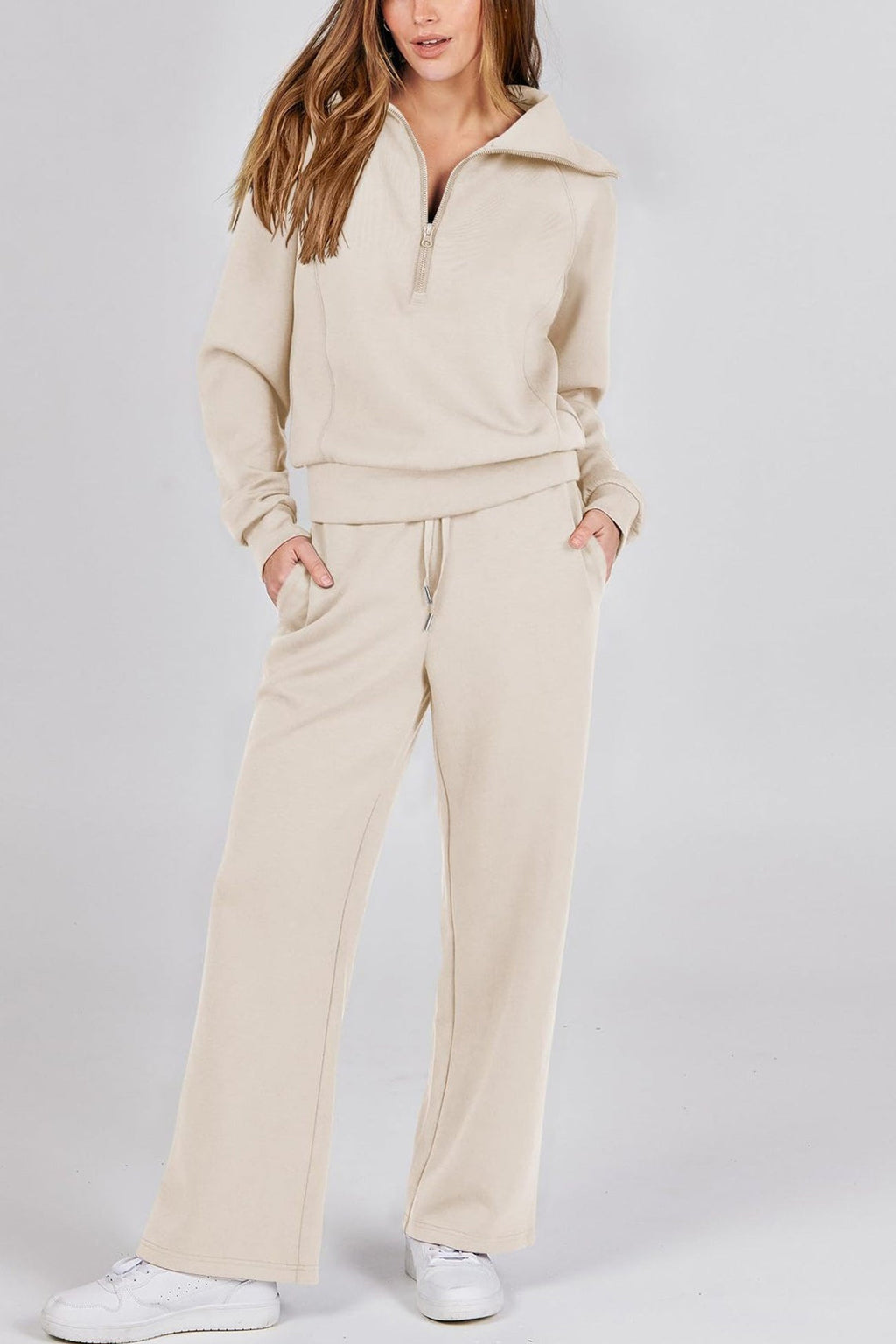 Valenzora | Long wide-leg trouser set with lapel zip-up sweatshirt
