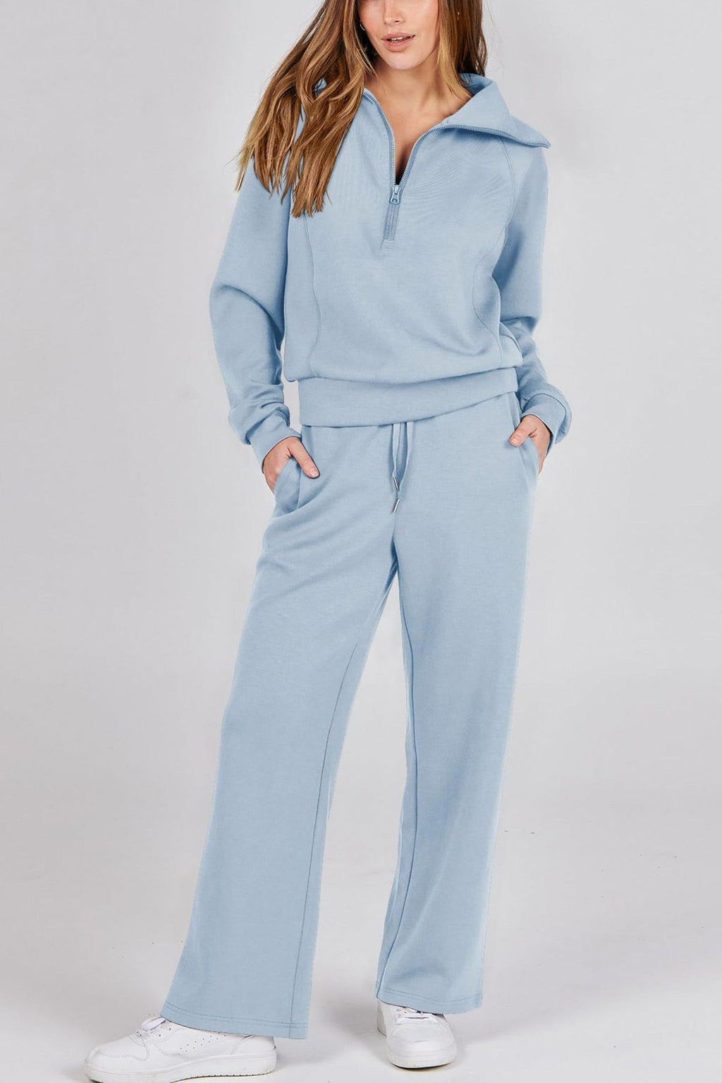 Valenzora | Long wide-leg trouser set with lapel zip-up sweatshirt