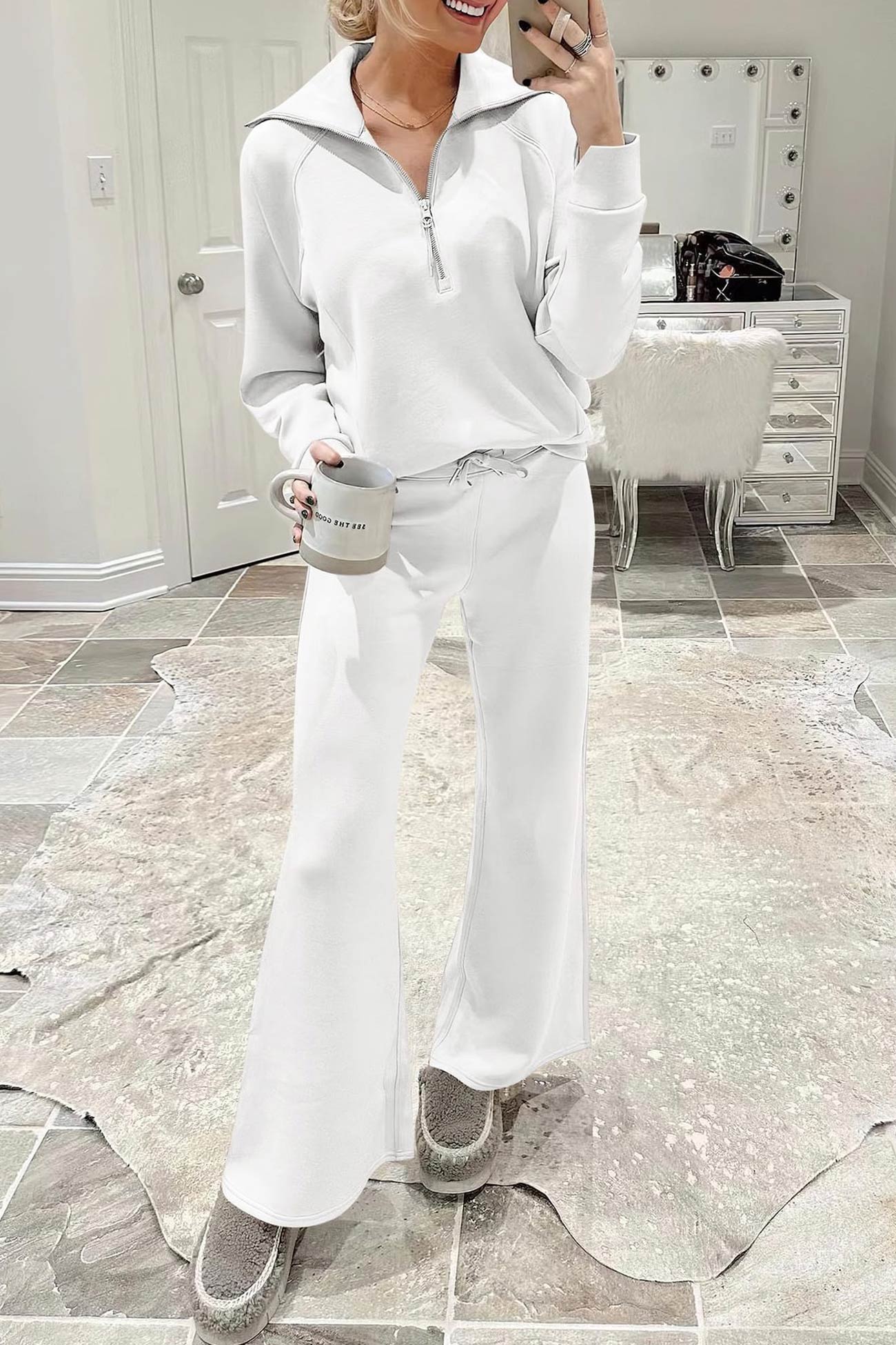 Valenzora | Long wide-leg trouser set with lapel zip-up sweatshirt