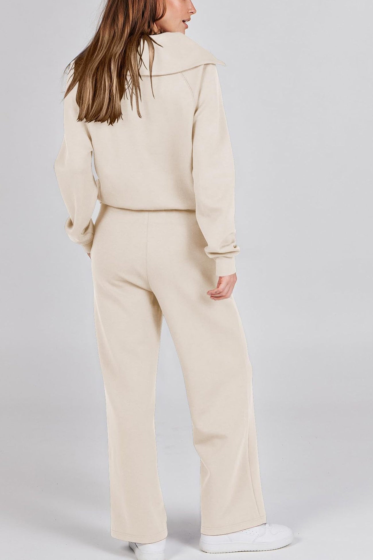 Valenzora | Long wide-leg trouser set with lapel zip-up sweatshirt