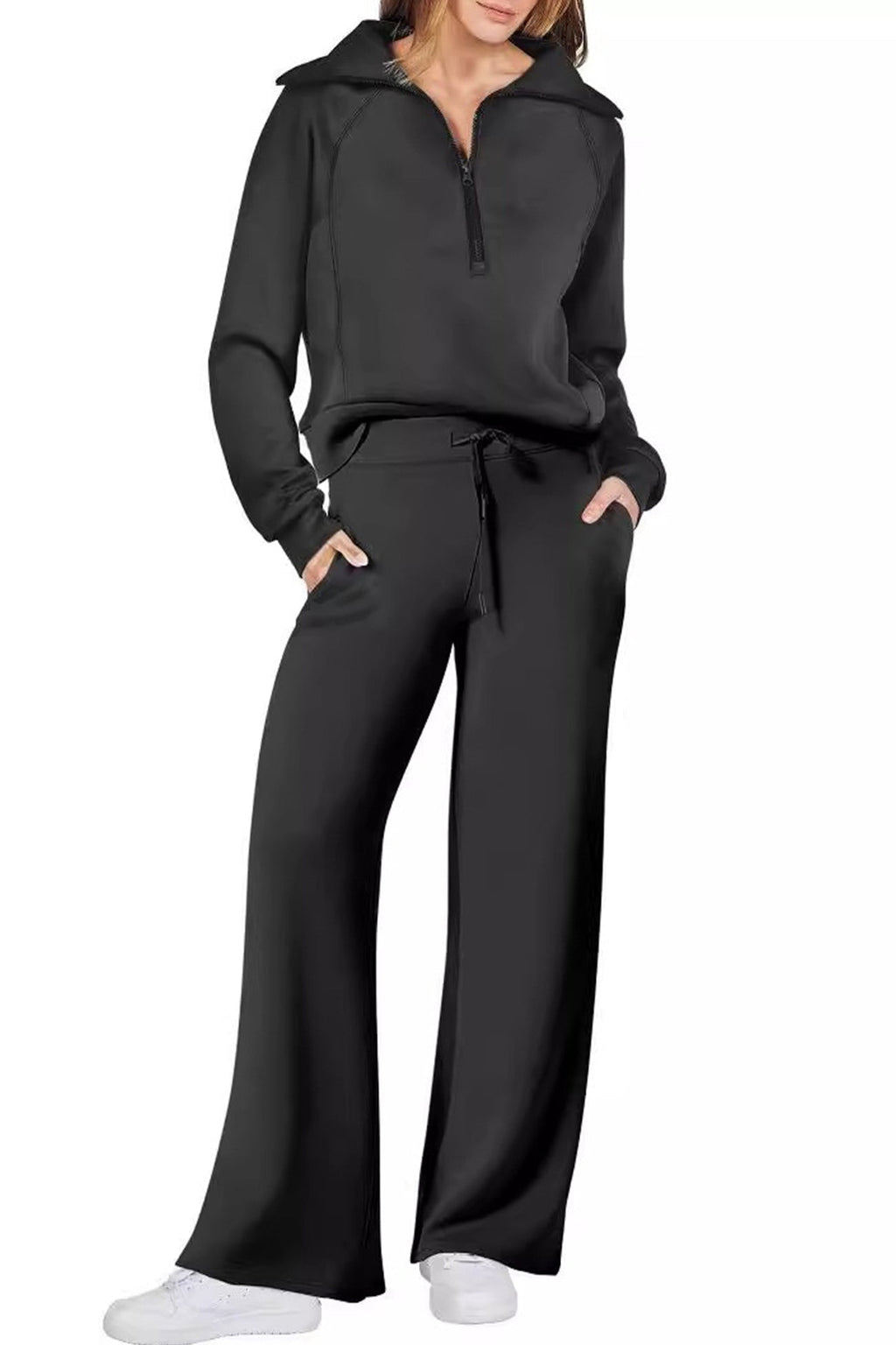 Valenzora | Long wide-leg trouser set with lapel zip-up sweatshirt