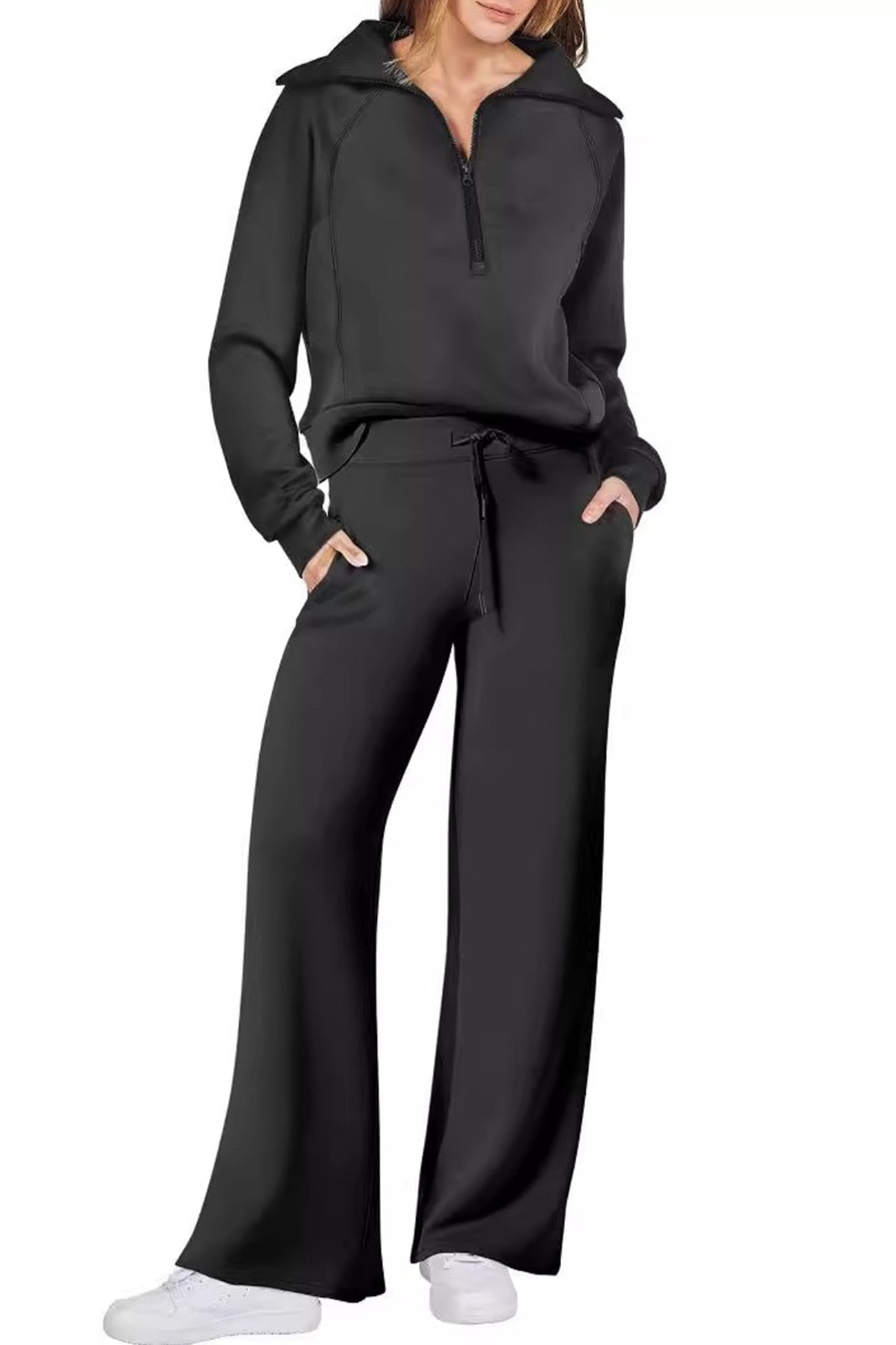Valenzora | Long wide-leg trouser set with lapel zip-up sweatshirt