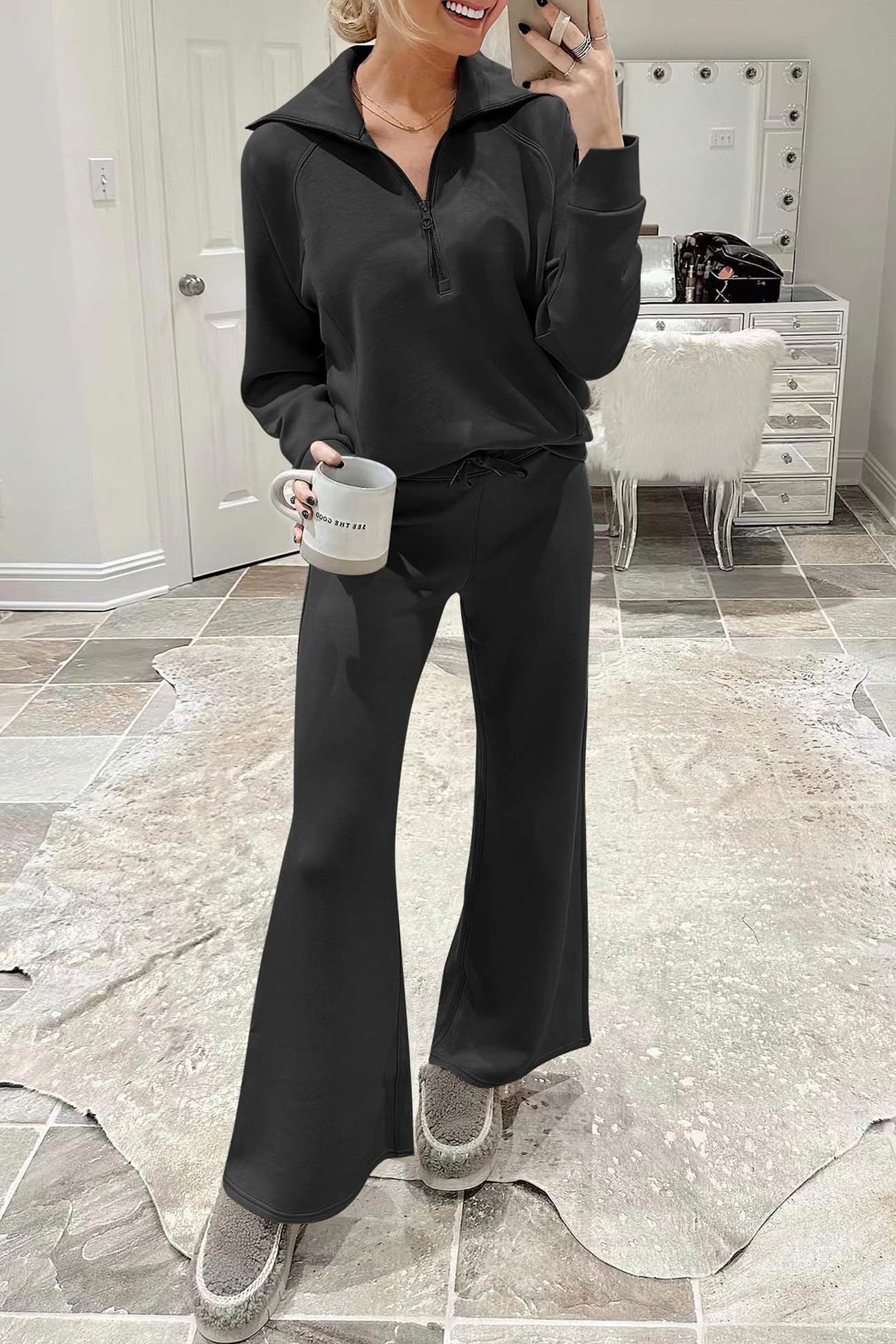 Valenzora | Long wide-leg trouser set with lapel zip-up sweatshirt