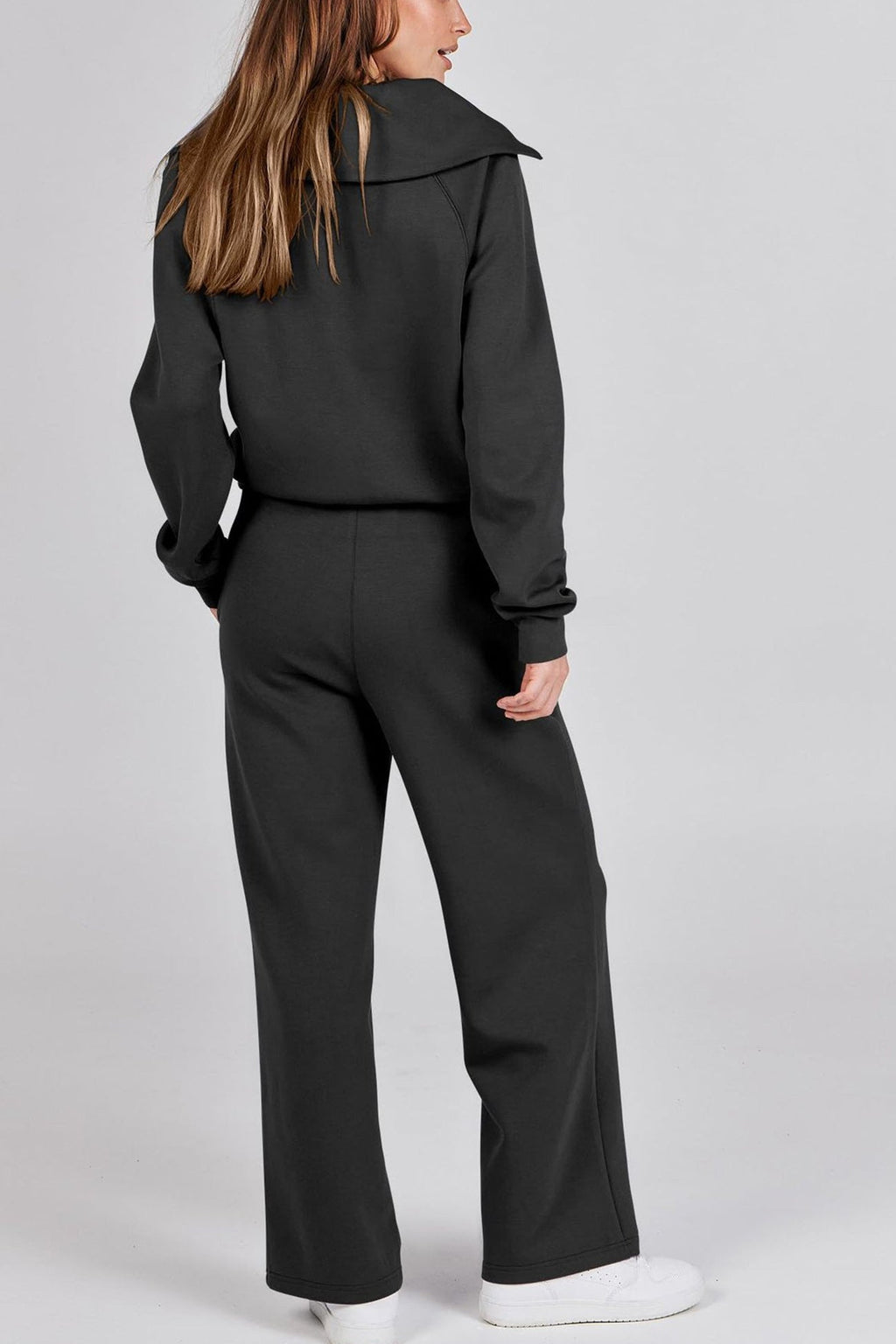 Valenzora | Long wide-leg trouser set with lapel zip-up sweatshirt