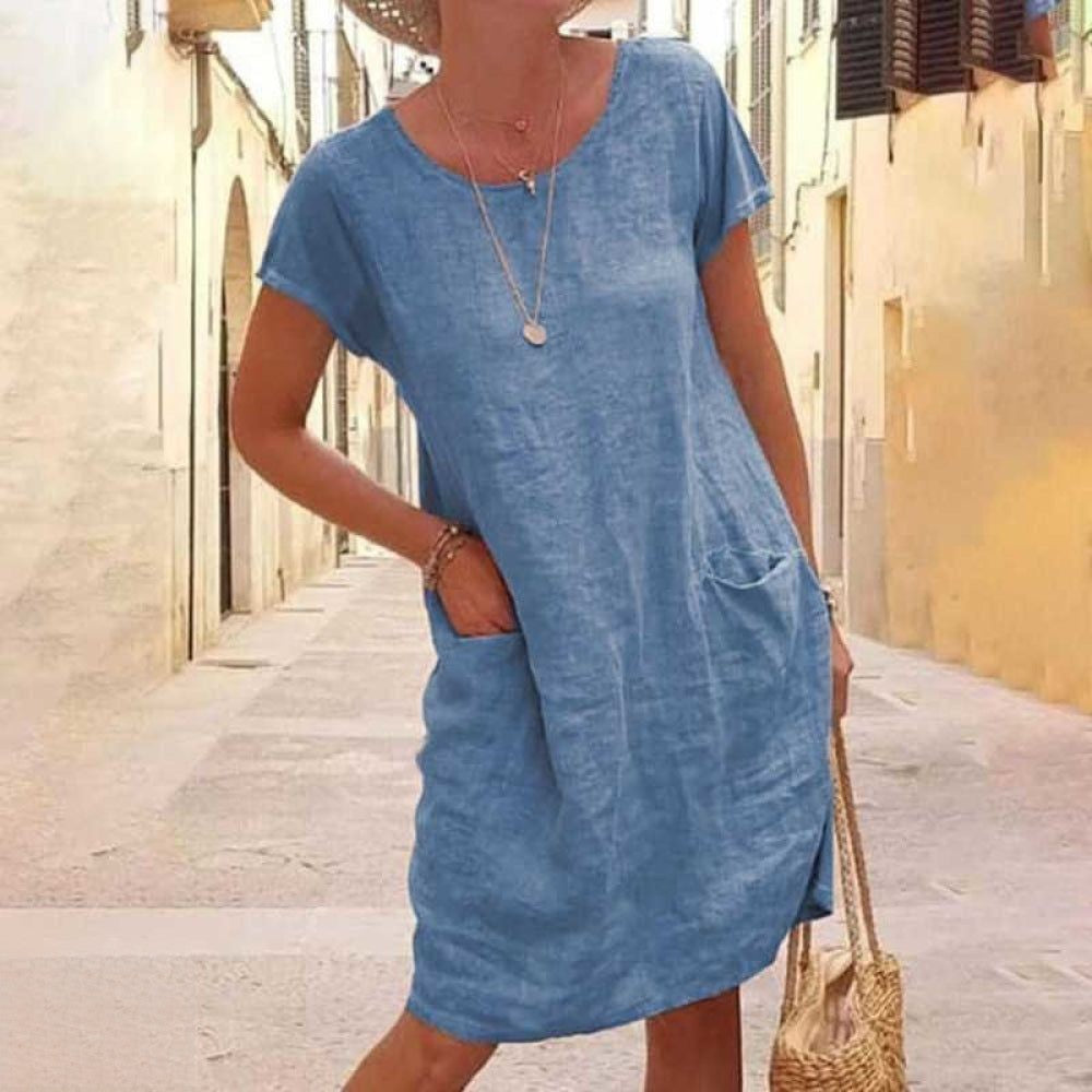Valenzora | Casual linen dress with short sleeves for women
