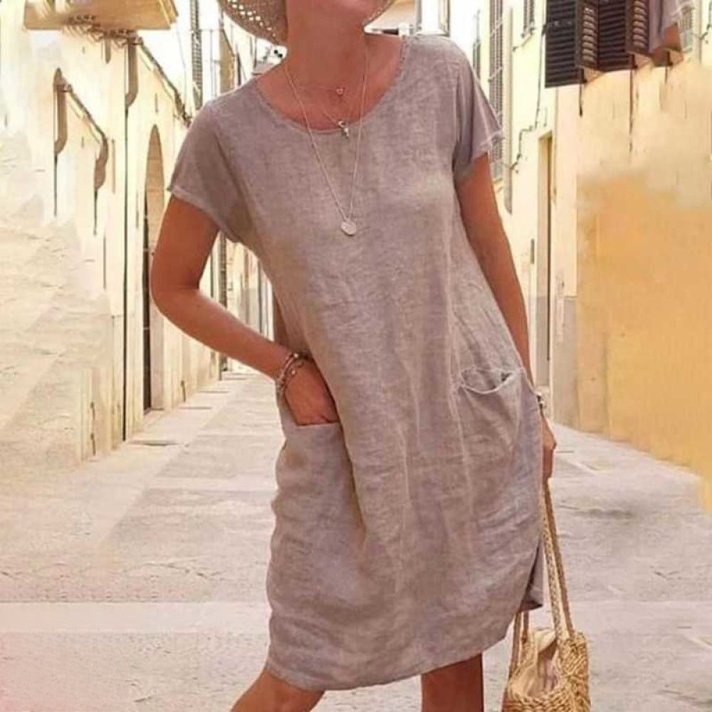 Valenzora | Casual linen dress with short sleeves for women