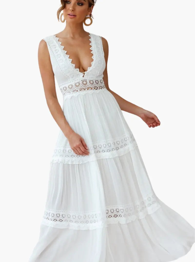 Valenzora | White Boho Maxi Dress with Crochet Inserts & Deep V-Neck