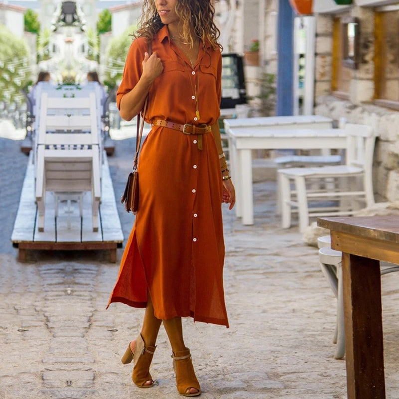 Valenzora – Elegantes Hemdblusenkleid für Damen | Langärmliges Hemdblusenkleid im Bohème-Stil mit Gürtel