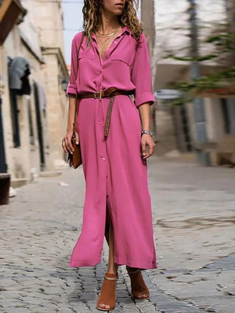 Valenzora – Elegantes Hemdblusenkleid für Damen | Langärmliges Hemdblusenkleid im Bohème-Stil mit Gürtel