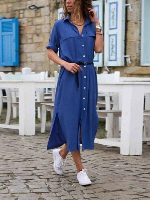 Valenzora – Elegantes Hemdblusenkleid für Damen | Langärmliges Hemdblusenkleid im Bohème-Stil mit Gürtel