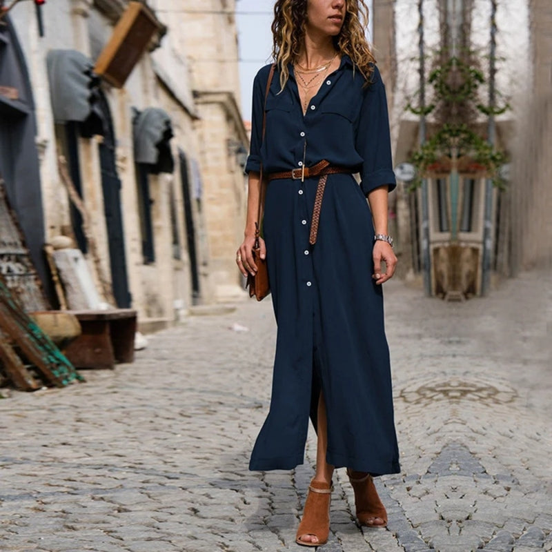 Valenzora – Elegantes Hemdblusenkleid für Damen | Langärmliges Hemdblusenkleid im Bohème-Stil mit Gürtel