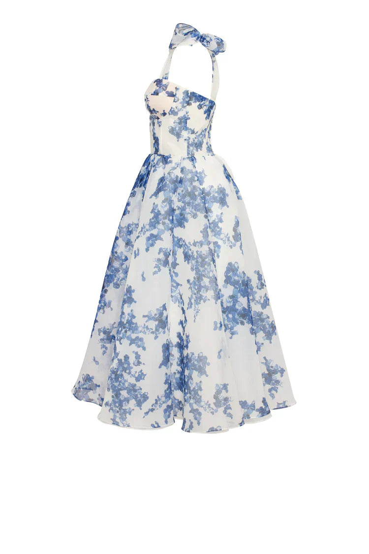 Valenzora | Blue organza midi dress with hydrangea pattern