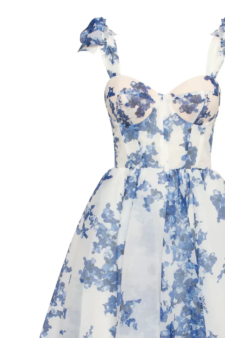 Valenzora | Blue organza midi dress with hydrangea pattern
