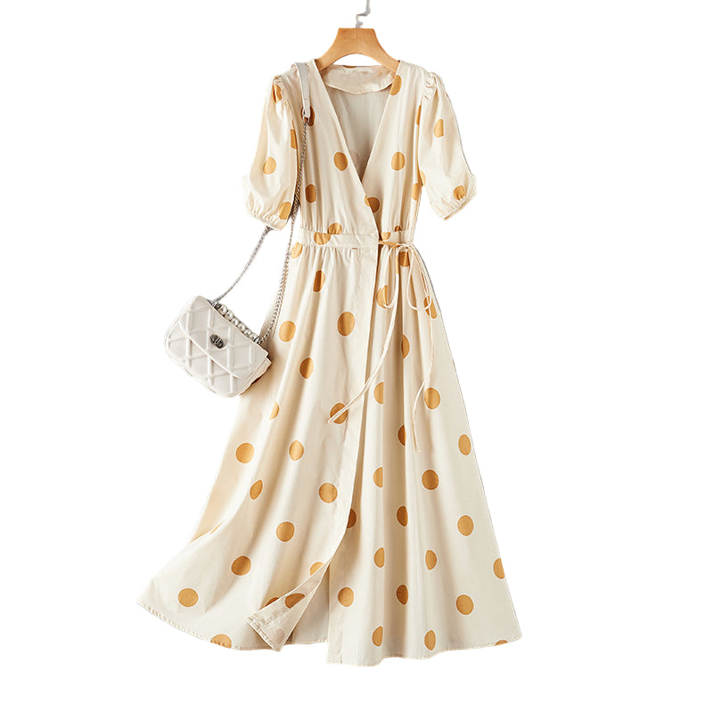 Women's midi dress with feminine V-neck and gathered puff sleeves, size