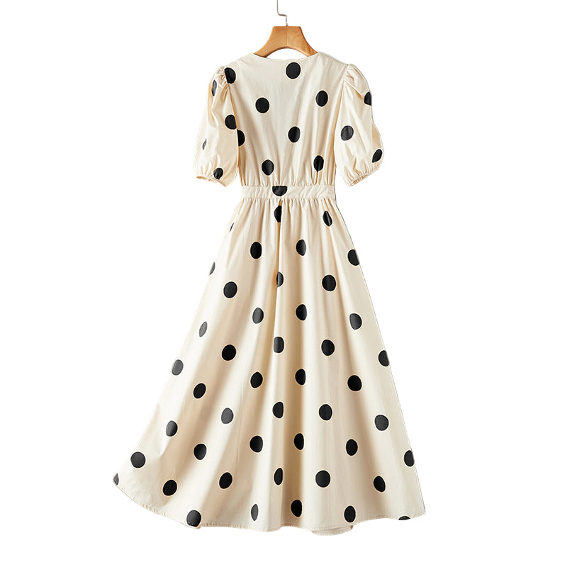 Women's midi dress with feminine V-neck and gathered puff sleeves, size