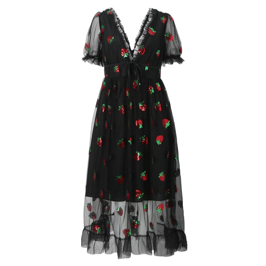 Women's tulle dress with playful strawberry design and elegant lacing, size S