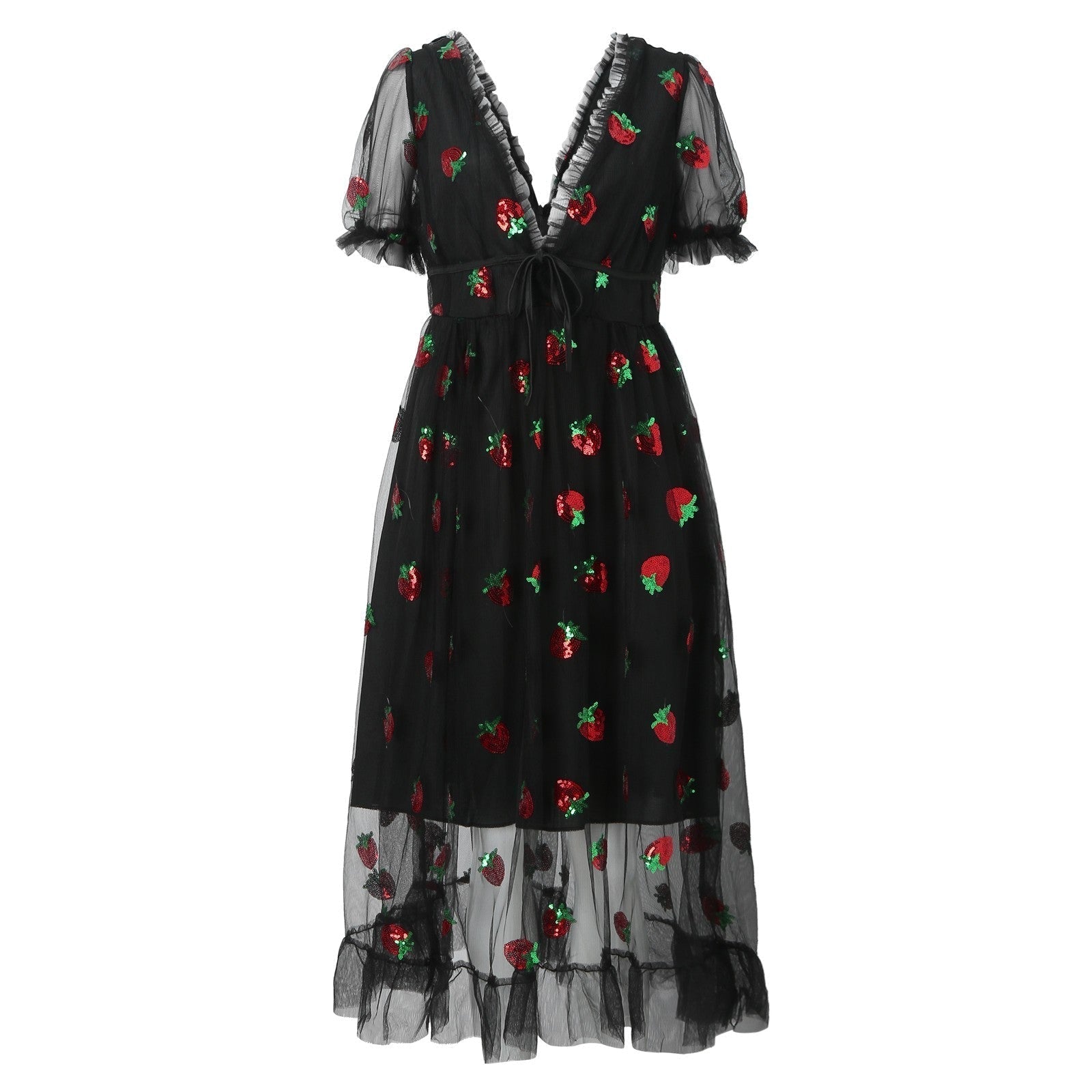 Women's tulle dress with playful strawberry design and elegant lacing, size S