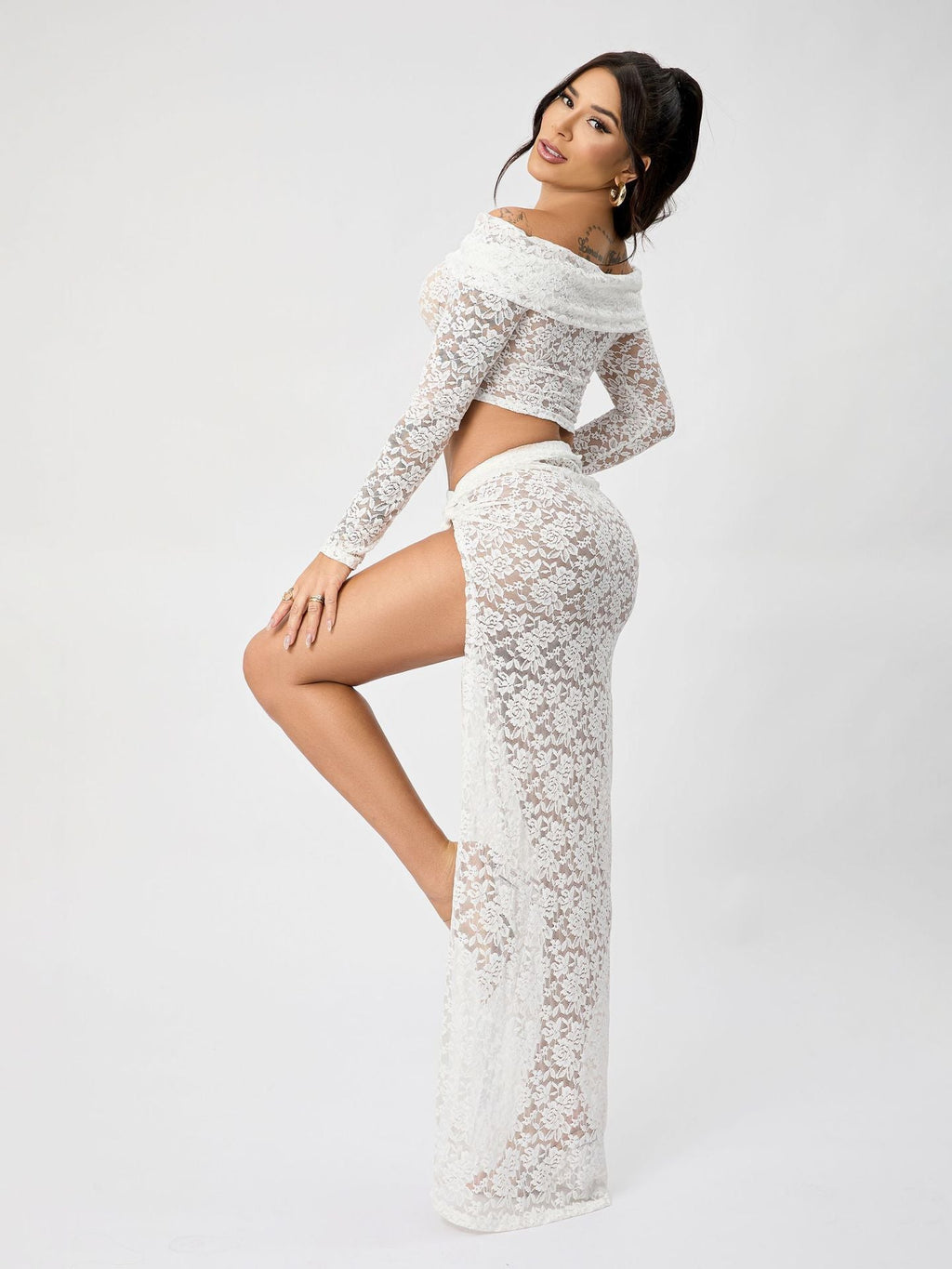 Valenzora | Off-Shoulder Floral Lace Long Sleeve Maxi Co-Ord Set