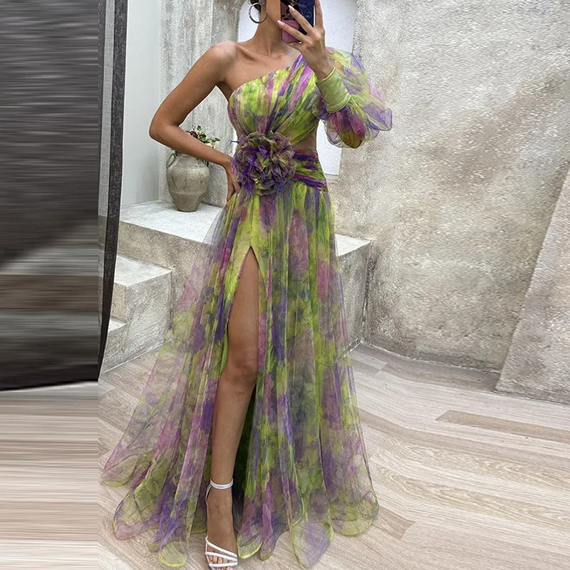 Valenzora | Damen schulterfreies Partykleid mit Print