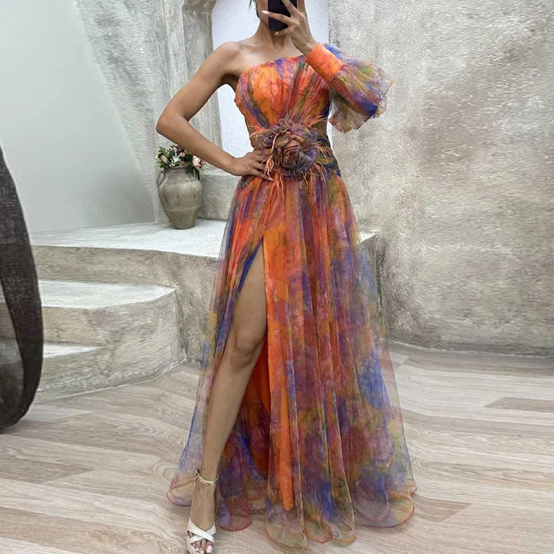 Valenzora | Damen schulterfreies Partykleid mit Print