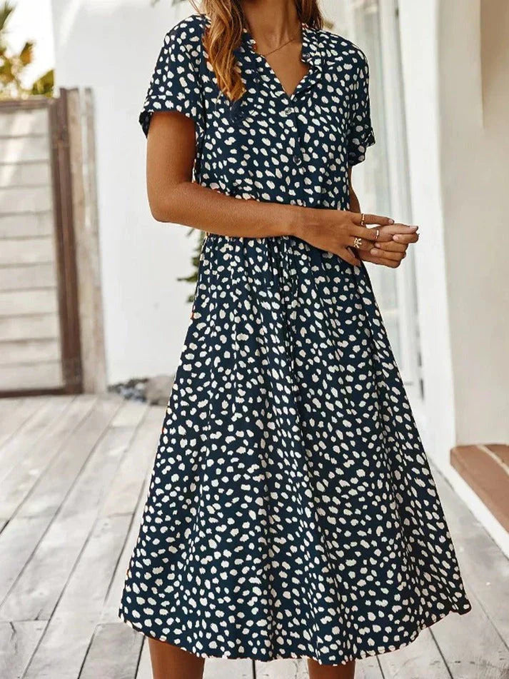 Valenzora - Elegant short-sleeved shirt dress with polka dots and drawstring waist