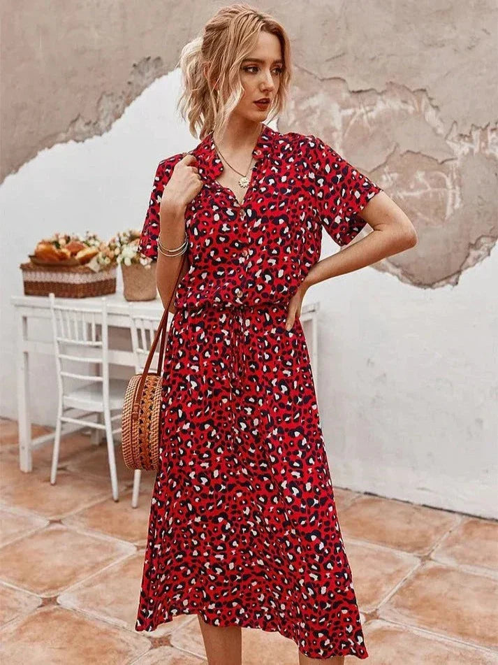 Valenzora - Elegant short-sleeved shirt dress with polka dots and drawstring waist