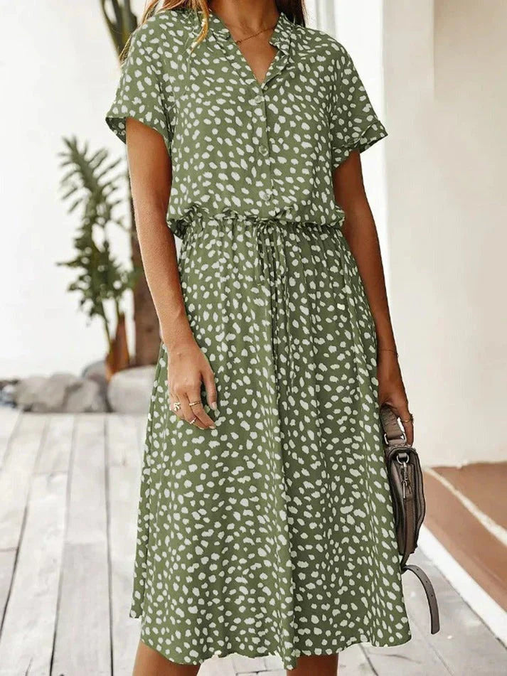 Valenzora - Elegant short-sleeved shirt dress with polka dots and drawstring waist