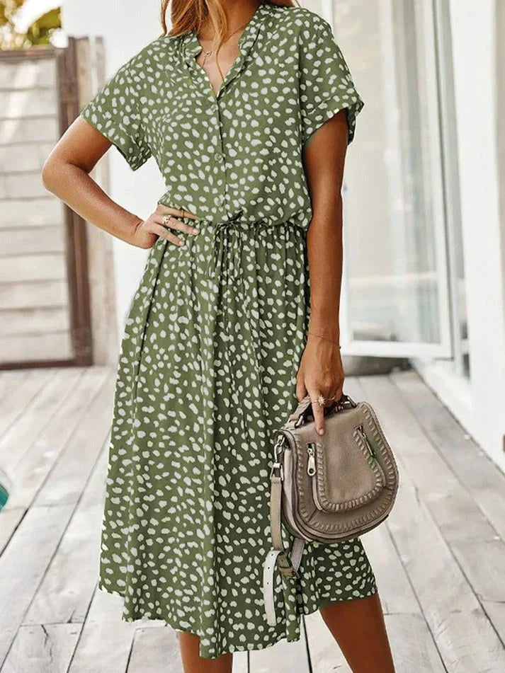 Valenzora - Elegant short-sleeved shirt dress with polka dots and drawstring waist